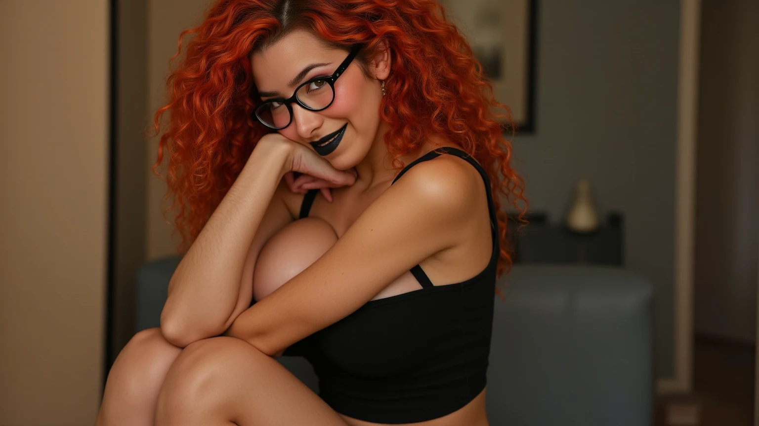 there is a woman with red hair and glasses posing for a picture, with curly red hair, with red hair, red hair, red dyed hair, crimson red hair and red eyes, red wig, wearing red tainted glasses, wavy vibrant red hair, curly red hair, bright red hair, headshot profile picture, brandon woelfel, with glasses, wearing small round glasses, Filipina, wearing bra, in a planet fitness, very sweaty, local gym, sweaty. steam in air, wearing a low cut tanktop, Big tits, huge tits, no clothes, sexy, cute, minimal clothes, thick nipples, nipple piercings, large areola, hard nipples, piercing through shirt, nipples hard through shirt, busty, major cleavage, naked, ripping through top, spilling over sides, bra too tight, giant , upper body zoom in, showing off huge , see through top, large areola showing, filipina, cute, nipples poking out, clothes on, not NSFW