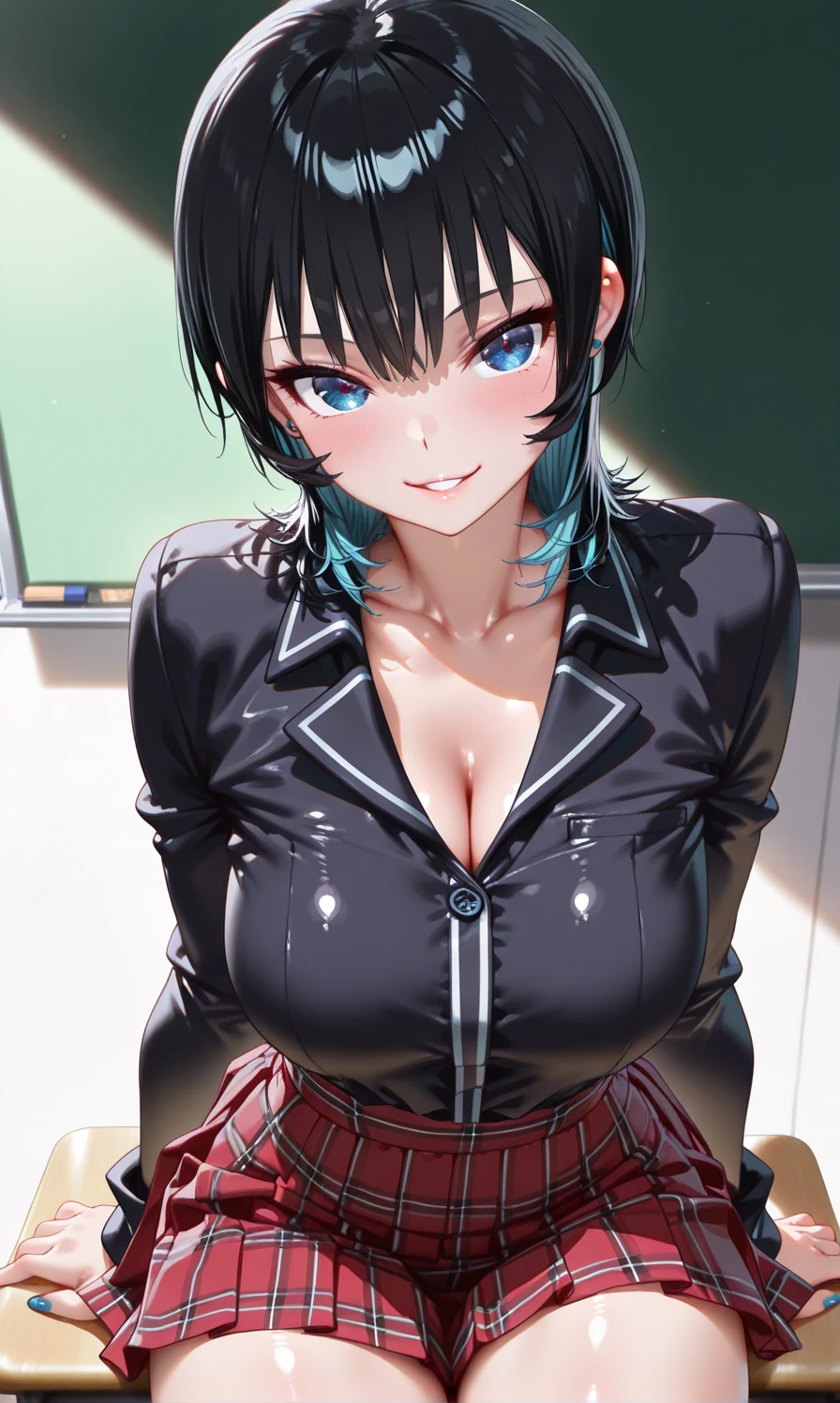 professional artwork, Intricate Details, field of view, sharp focus, detailed painting, photorealistic lighting, trending on pixiv,(masterpiece:1.0),(best_quality:1.0), ultra high res, ultra-detailed, photography, 8K, HDR, highres, absurdres:1.2, Kodak portra 400, film grain, sharp focus, bokeh:1.2, lens flare, (vibrant_color:1.2), (((indoors, classroom, classroom details, sitting on chair, perfect anatomy sitting, leaning to table))), annerose,
female mature, black hair, long hair, (((yellow eyes))), large breasts, hair intakes, 25yo,mature female,Beautiful Finger,Beautiful long legs,Beautiful body,Beautiful Nose,Beautiful character design, perfect eyes, perfect face, looking at viewer, official art,extremely detailed CG unity 8k wallpaper, (Beautiful,large_Breasts:1.4), (beautiful_face:1.5),(beautiful_lips:1.5),(narrow_waist), (solo:1.4), (upper body, half body shot), add_detail:0