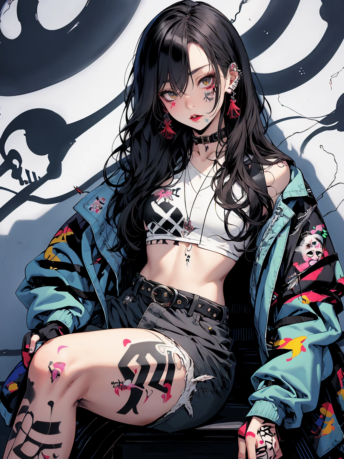 ((18-year-old punk girl,Unusual punk hair:1.3)),((Red and black punk fashion:1.5)),(Skeleton Brooch)Studded clothing、((punk rock patch))、((Black backpack on the back))、(Light black and blue hair:1.5),Wacky makeup、whole body, (masterpiece), (High resolution), (Very delicate), scribble, nightmare, Doll-like face, Manga style, rough sketch, Horror elements, Manga styleイラスト, Japanese painting, phantom, (Spooky), Japan sculpture, crazy illustration, antique, Dark atmosphere, Flat Illustration,Spookyな外観, Distinctive messy hairstyle, creative accessories, Unique atmosphere