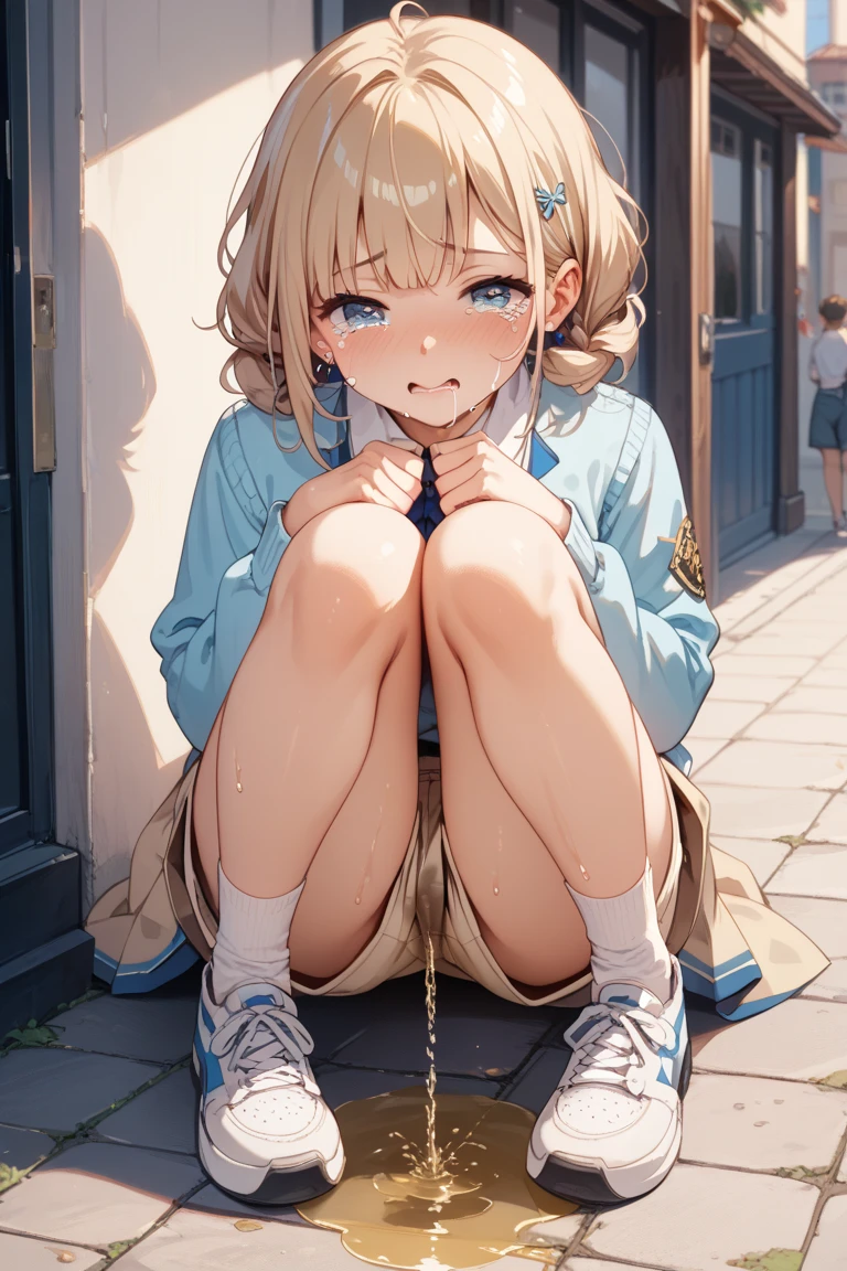 Character Focus、From above(school uniform:1.3), (Plain beige clothing around the waist:1.5), (West knot:1.3), (white collared-shirt:1.4), ((white collar, Unbutton, Short sleeve):1.2), (Red Plaid Pleated Skirt:1.3), ((necklace, Colorful Bracelets, ×Hair accessories):1.2),
Very detailed、(8k, RAW Photos, highest quality, masterpiece:1.2), (extremely detailed 8k wallpaper),shape、Professional Lighting,Sharp focus, Written boundary depth、
Browsing Caution、Clear Eyes、Perfect Anatomy、With a girl、15-year-old student、Black Gal(Dark Skin:1.2)、(Oily skin,Glowing Skin,Shiny skin,Sweat:1.2),smile、Plump thighs、Huge 、Fully exposed、Big Breasts,(gap between buttons:1.4)、Lift up your skirt、blue eyes、blonde、(Compensate:1.1)、(Black High Socks 1.6)、:1.6、Brown Loafers、sitting、((open legs:1.5)),On the street、Pastel colored pantiesが見えている、((Pastel colored panties))、((Shiny panties))、((Normal position:1.4))、(((Squatting pose))),((I was made to sit with my legs open...))、cowgirl position, squatting, spread legs、, blazer,