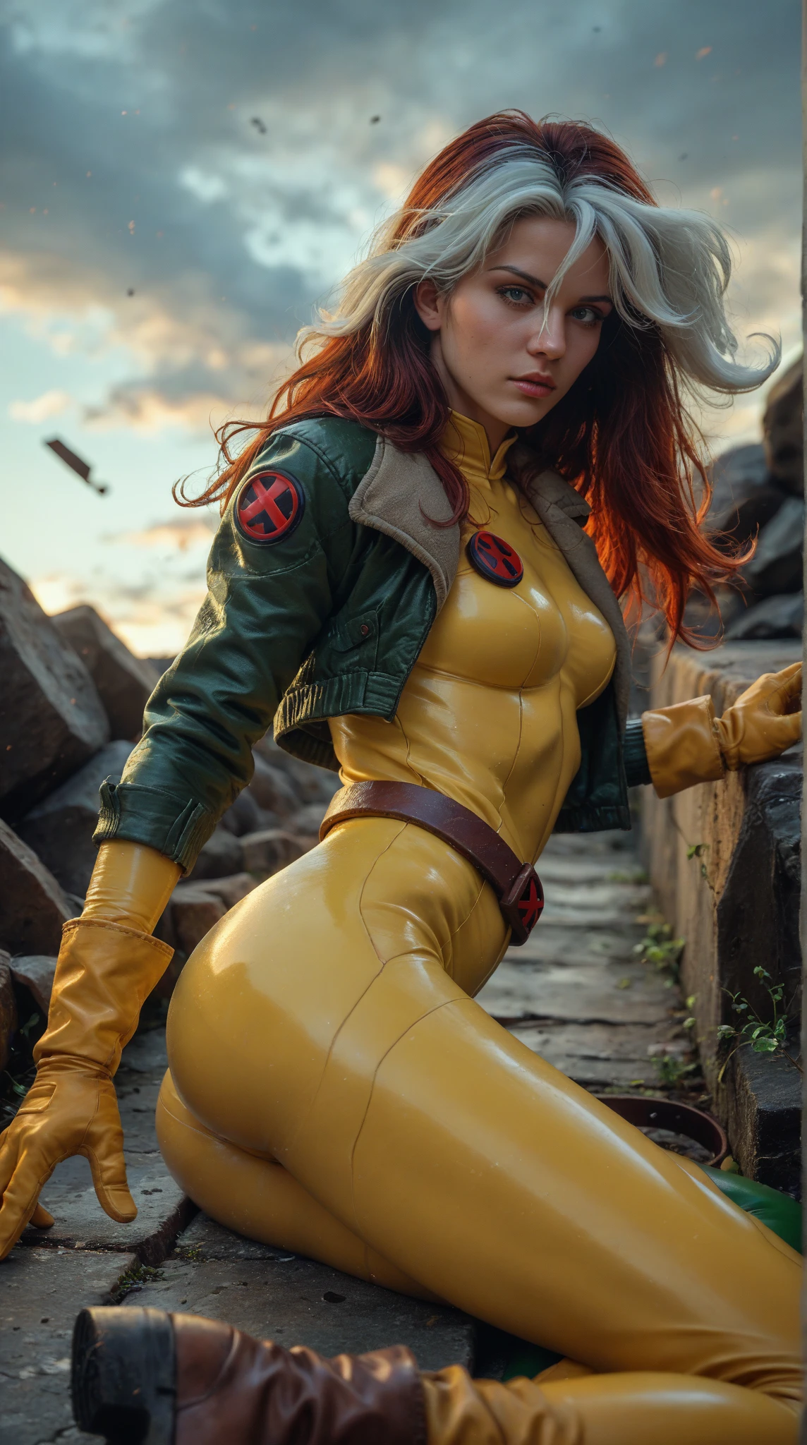 Karen Gillan、masterpiece、High quality 4K、villain (X-Men)、Gothic Girl、Sculpted Body Gothic Makeup、Black jacket、Red and blue bodysuit、masterpiece、highest quality、Cowboy Shots、one personの女の子、one person、Technology Military Bodysuit、fringe