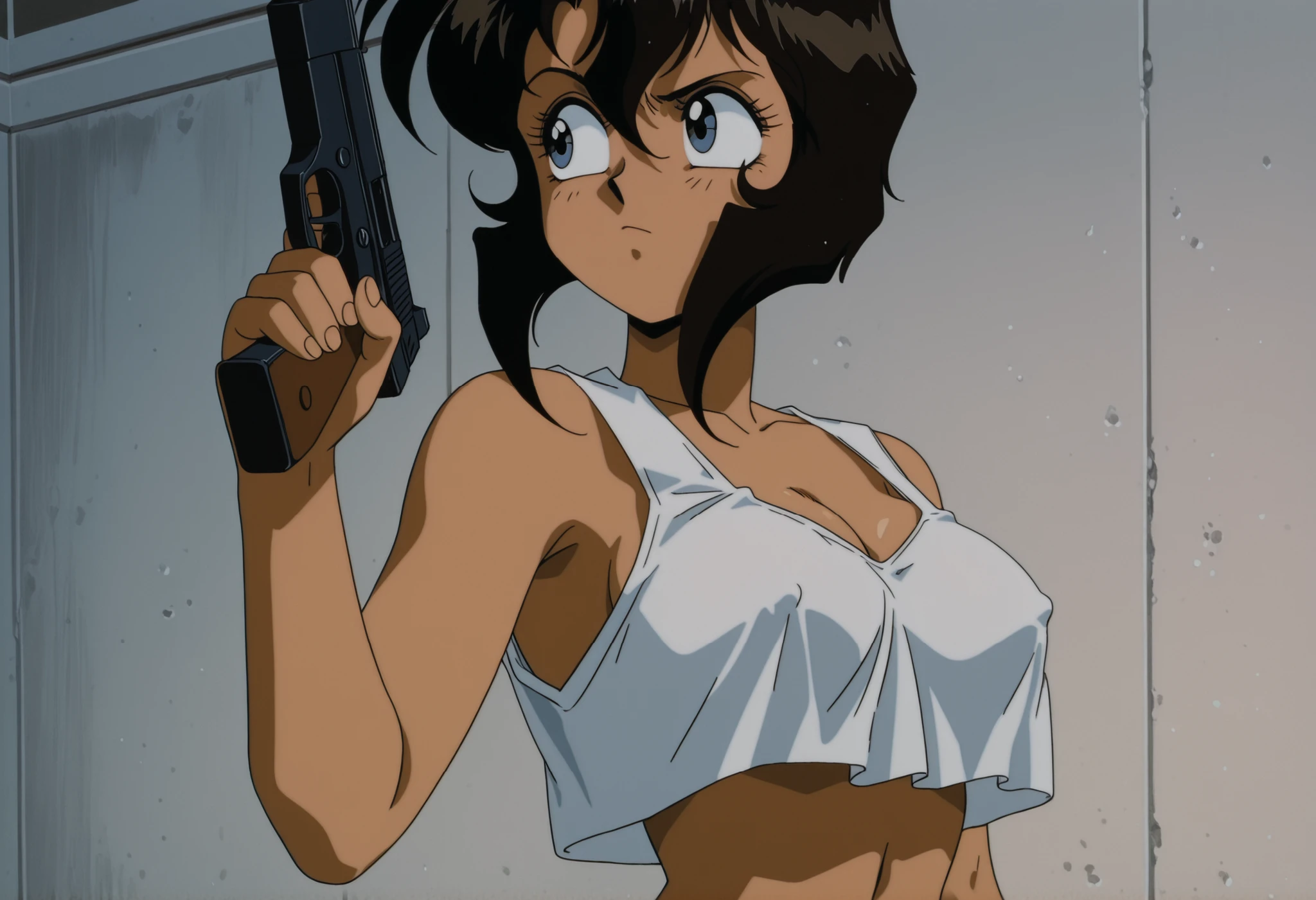masterpiece,high quality,indoors,
<lora:irenevincent001:0.7>,
holding handgun,aiming,1girl,
short hair,black hair,blue eyes,dark skin,
black underwear,panties,
full body,barefoot,standing,