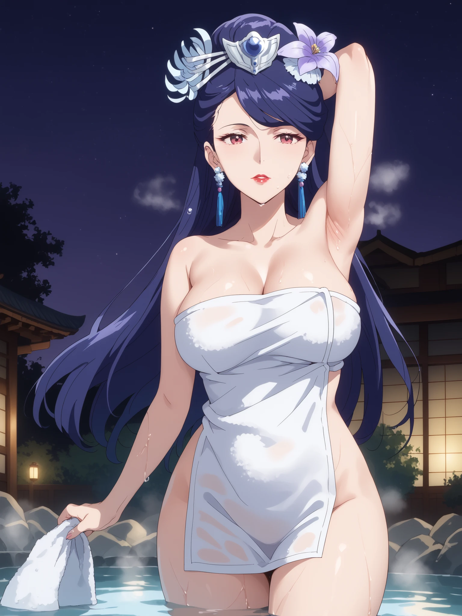 Armpit Show,Sleeveless,masterpiece, highest quality, Lantern, festival, firework, night, null, Outdoor, Absurd, High resolution, Water Lily_S2S, One girl, alone, Long Hair, Black Hair, Purple eyes, kimono, sash, heart, Floral print, yukata,