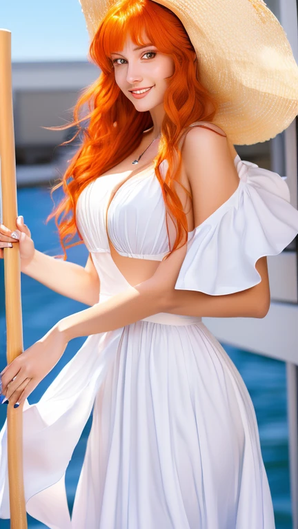 there is a woman in a hat and dress posing for a picture, dressed in a beautiful white, dressed in white, in white clothes, amouranth, with straw hat, white suit and hat, white silky outfit, wearing white clothes, detailed white, wearing white dress, smooth white tight clothes suit, redhead girl, wearing a wet white short dress