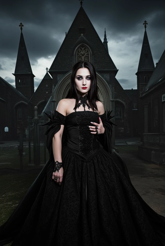 A beautiful woman, hourglass figure, large breast , long black hair, black lipstick, blue eyes, seductive Goth style with Goth jewelry, wearing a (ornate Victorian corset in Duotone [red and black] style:1.3), standing in a cemetery  in the early at night under a full moon, (Fogcore style:1.3), (full body:1.3), hyper realism, 8k high definition, vibrant colors, sharp focus, insanely detailed