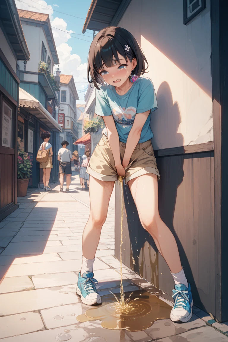 nsfw, (masterpiece, top quality, best quality, highly detailed:1.6), extremely detailed CG unity 8k wallpaper, strong facial expression,(sharp eye:1.2),(scowl:1.1), (embarrassed,blush:1.3), (steam:1.1), (wet, sweat), (trembling, parted lips:1.3), (harf open eyes:1.4), (feeling weak:1.5), colorful, 1girl standing on the Park, (Ponytail,Brown hair), (Hot pants and panties pull down to the knees, Pants in the process of being taken off:1.7), panty pull, Undressing panties, Undressing denim hot pants, (blue hot pants:1.5), full body, (girl trembling with sexual climax), urination, piss, peeing self, A lot of pee, having an accident, pee running down legs, standing, (((pee stream))), (pee puddle), pee stain, peeing, blush, embarrassed, Are crying, Yellow pee, ((leaking pee)), leaning forward, Shaking one's shoulders, Breaking a sweat on forehead, wetting self, puddle of pee, Pee at your feet, Pee spread on the floor, Pee stains, Dripping pee between my legs, Feet wet from pee, Pee-covered feet, Pee at your feet, want to pee, about to pee, Full bladder, Pee-soaked panty, Pee-soaked hot pants, Pee-soaked shoes, Pee-soaked ankle socks, The limit of holding in pee, A big pee, Pleasant pee, a big puddle of urine at my feet, can't stand it and urinate, can't stand peeing, Non-stop peeing, Unstoppable peeing, panty wet with pee, can't make it to the toilet in time and I pee, A pleasant feeling of urination after holding it in to the limit, おしっこで濡れたふともも、 ふくらはぎ、 (((膝までおろした脱ぎかけの青いデニムのホットパンツ))) 、