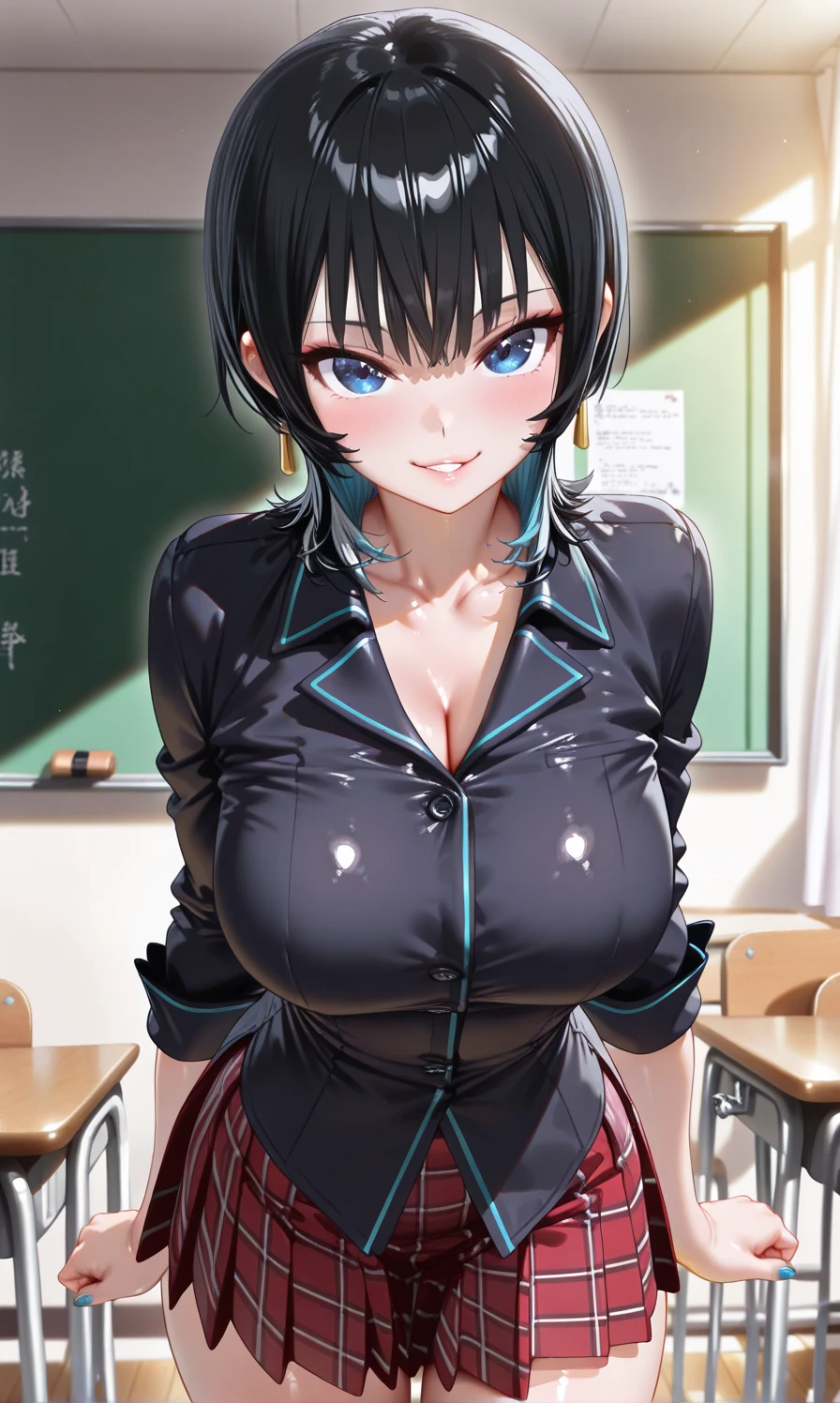 professional artwork, Intricate Details, field of view, sharp focus, detailed painting, photorealistic lighting, trending on pixiv,(masterpiece:1.0),(best_quality:1.0), ultra high res, ultra-detailed, photography, 8K, HDR, highres, absurdres:1.2, Kodak portra 400, film grain, sharp focus, bokeh:1.2, lens flare, (vibrant_color:1.2), (((indoors, classroom, classroom details, sitting on chair, perfect anatomy sitting, leaning to table))), Annerose, 1girl, female mature, black hair, long hair, yellow eyes, large breasts, bodysuit, higheels, shiny clothes, skin tight, hair intakes, covered breasts, sideboob, cleavage, (solo:1.4), (upper body, half body shot),