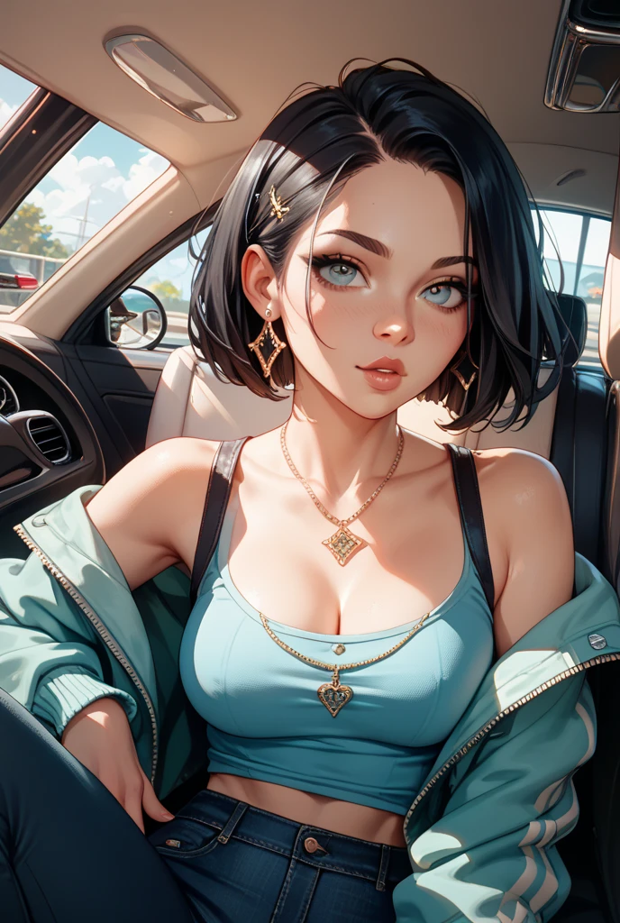 a masterpiece, award winning, best quality, a young woman, perfect face, exciting, cleavage, upper body, RAW photo, a 22-year-old- Uncle, upper body, selfie in a Seaplane carrier, deep purple hoodie, (realistic), (photo-realistic:1.5), inside a car, driving, Spider face paint, Phone case, (Bob hair), Rainbow hair, Lapel pin, (RAW photo, 8k uhd, film grain), Sharp Eyeliner, Blush Eyeshadow With Thick Eyelashes, extremely delicate and beautiful, 8k, soft lighting, high quality, highres, sharp focus, extremely detailed, during the day, (sunlight on face), beautiful detailed eyes, extremely detailed eyes and face, masterpiece, cinematic lighting, (high detailed skin:1.2), 8k uhd, dslr, soft lighting, high quality, film grain, Fujifilm XT3