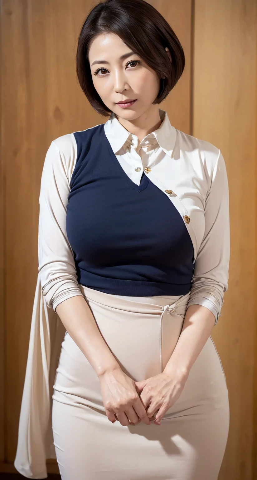 (highest quality,8k,masterpiece),
日本人Mature Woman,40 years,Mature Woman,Pure white skin, 、((Full body photography:0.85))、
Full breasts、 ((White collared blouse))、((Navy blue tailored jacket))、Navy blue tight skirt、Brown short bob、
,A gentle smile、A gaze that seduces viewers、In-house offices、