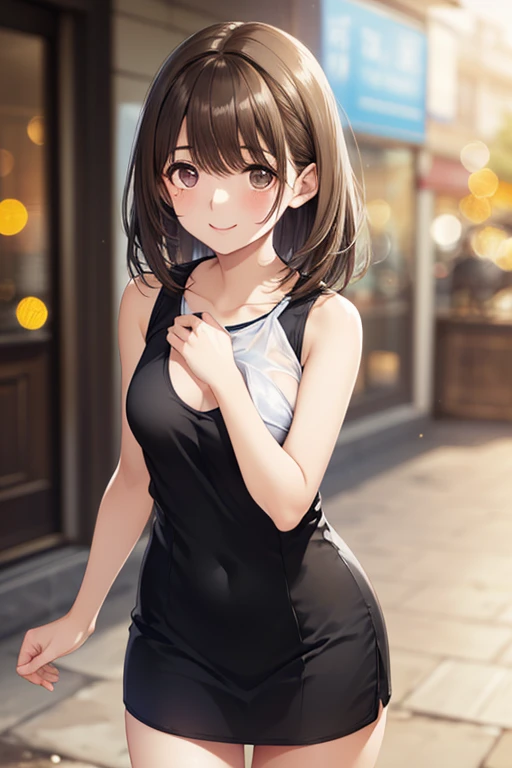 anegasaki nene、Shiny brown hair, short hair, (Beautiful brown eyes、Sparkling eyes, Fine grain)、smile、Ultra-detailed eyes、Highly detailed face, Highly detailed eyes,
(masterpiece:1.2, Highest quality),
View your viewers, 1 woman, Race Queen, (Perfect Anatomy, Anatomically correct, Highly detailed skin), Perfect Face, Perfect Eyes, Cute and symmetrical face, Glowing Skin,
(short hair, Brown Hair), Brown eyes, Long eyelashes, (Medium chest, Captivating thighs),
Short dress, White footwear, Knee Boots,
(Beautiful views), evening, (Tree-lined street), walk, (かわいらしいsmile, Upward glance, Lips parted),
