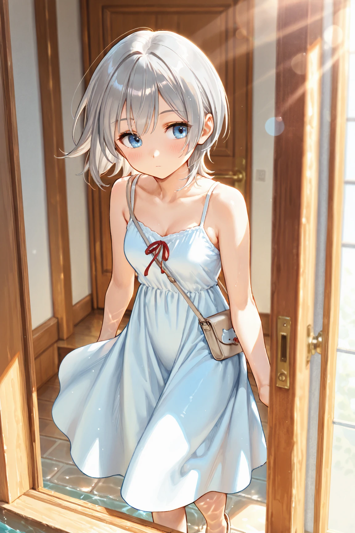 (((Pixel Perfect, Perfect in every detail))), alone, One girl,Silver Hair, origami tobiichi,White summer dress,Short sleeve,Arm,(Droopy eyes),Bewitching eyes,An inviting gaze , View your viewers, Open your mouth、10 years old,Young Girl、Sea side、sunset、cute、masterpiece、Highest quality、Best image quality、uniform、Fluttering Hair、、Bobcut,Hair Accessories,smile、Medium chest、((Lolita))、、No fixes、,(Spread your legs), , (crack) ,),Small panties,Cute Panties, ( ,, (Panties that dig in:1.4),),Peeing, おしっこPeeing,{The wind blows the dress}, 、Cowboy Shot、Hips、