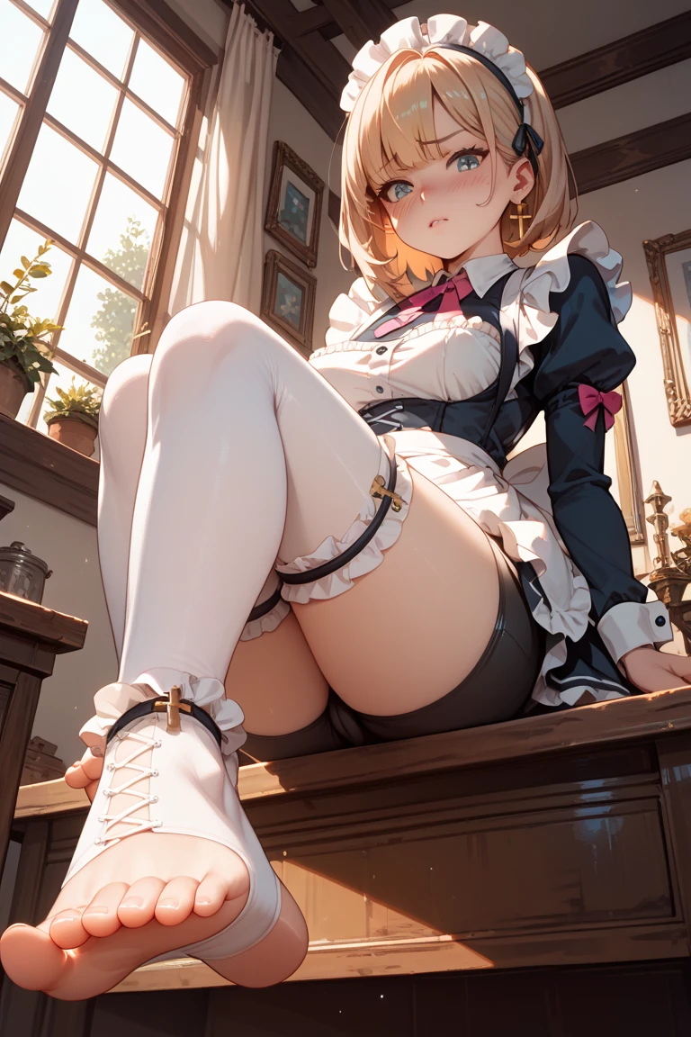 iwanaga kotoko sitting on her bed spreading her legs to reveal her panties, sitting on bed, cute girl, white panties, white dress, white beret, perfect anatomy, sexy, ultra detailed, hdr, 4k, spread legs, fullbody, blushing, pervert, perfect proportions, blonde hair, white pantihose, short hair