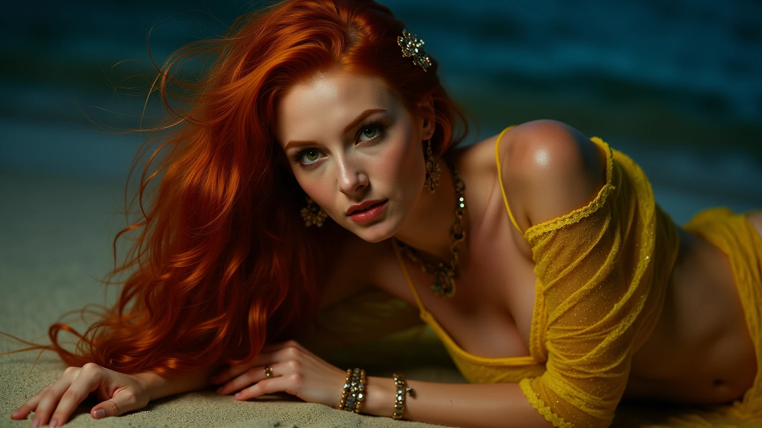 a seductive goddess with large breasts, golden horn on head, wavy red hair, sensual pose, hyper detailed, 8k, intricate, master photography, cinematic lighting, dramatic colors, chiaroscuro, fantasy, realistic, golden clothes