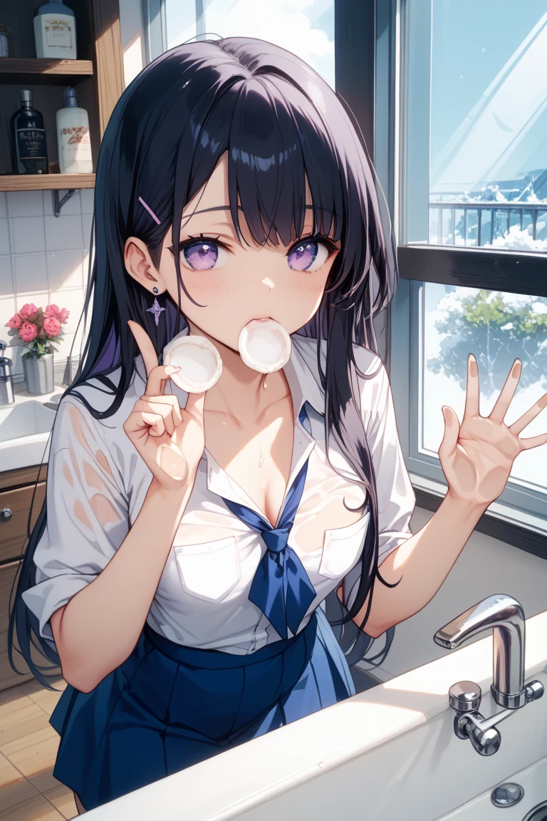 handjob,side view,eye-level shot,face focus,open mouth,tongue out,cum on tongue,Licking a white dildo,(1girl,Beautiful 16 year old girl),((Slender,Small breasts,Baby Face,Small face,)),looking at viewer,Black Hair,bangs,two side up,Gray Eyes,Drooping eyes,slit pupils,narrow eyes,collarbone,White sweater mini dress,bare shoulder,Beautiful and detailed anime art,Mischievous smile,Dimly lit room,Simple Background,Gray background,Low lighting