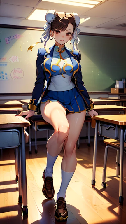 ((masterpiece)),(illustration),(((best quality)),iridescent, high resolution illustration,Amazing,highres,intricate detail, extremely detailed CG unity 8k wallpaper ((zelda)), full body, large breasts, (delicate cute face), blond long hair, lovestruck,(green eyes), smile, joyful, young teen, narrow waist, young girl, 15 year old girl, seductive, cleavage, big smile, happy, smiling, tight body, wavy hair, classroom, sexy pose, white crop top, white, shorts, cleavage, facing viewer, athletic, superman outfit