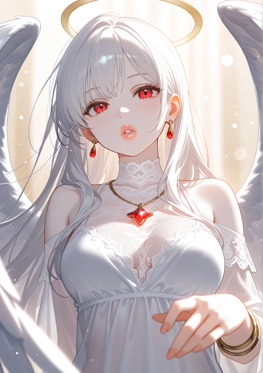 Woman, red eyes, white long wavy hair, with white dress, wearing a flower decoration on his head, like a fallen angel