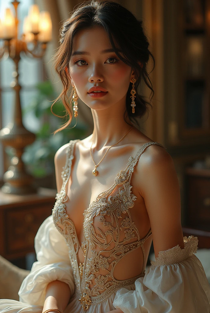 wrenchrosettebloom ((1 girl, Elegant posture)), Natural leg proportions, Visible cleavage, masterpiece, (best quality, 4K, 8K, high resolution, masterpiece:1.2), Extremely detailed, (Practical, photoPractical, photo-Practical:1.37), Official Art, CG, Anatomically correct, Random Scenes, Random shooting angle, Movie, photography, Intricate background, Soft lighting, Subtle shadows, Vibrant colors, Expressive eyes, Beautiful, high class boutique, Ambience, A moment of honesty, Natural expression, Detailed texture, Fine details, Refined and elegant, Exquisite style, Artistic Composition, Beautifully presented.