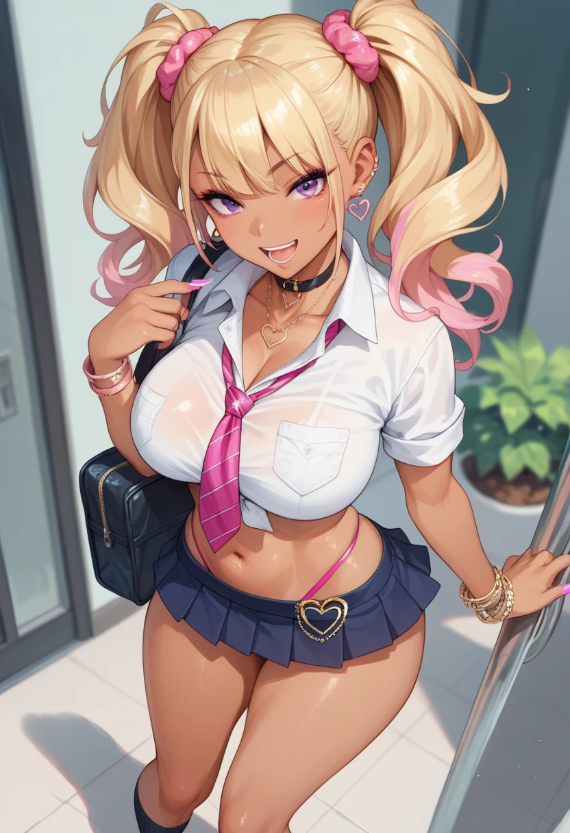 1girl,solo,school uniforms,miniskirt,classroom,dark skin,blonde hair,pink eyes,breastst,twin tail,midriff,no bra,underboob,standing,wide hips,curvy,earring ,open shirt,lipstick ,makeup,holding bottle
