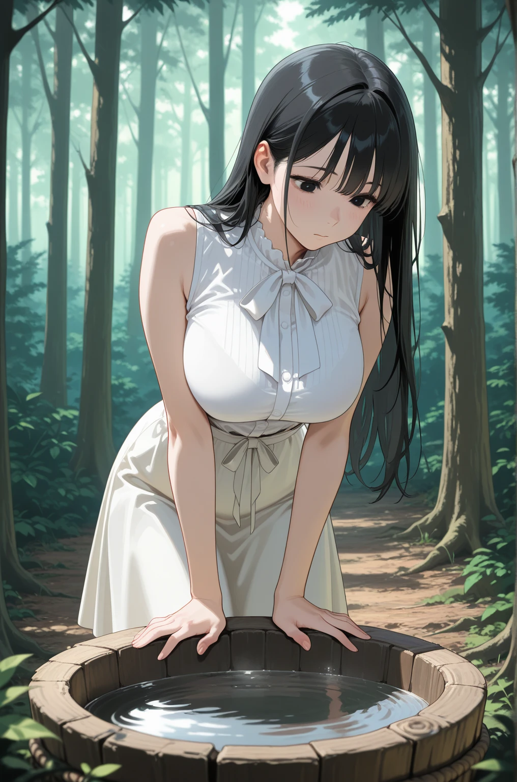 masterpiece, best quality, illustration, highly detailed, chitanda_eru, beautiful detailed eyes, :o , looking at ground, cleavage