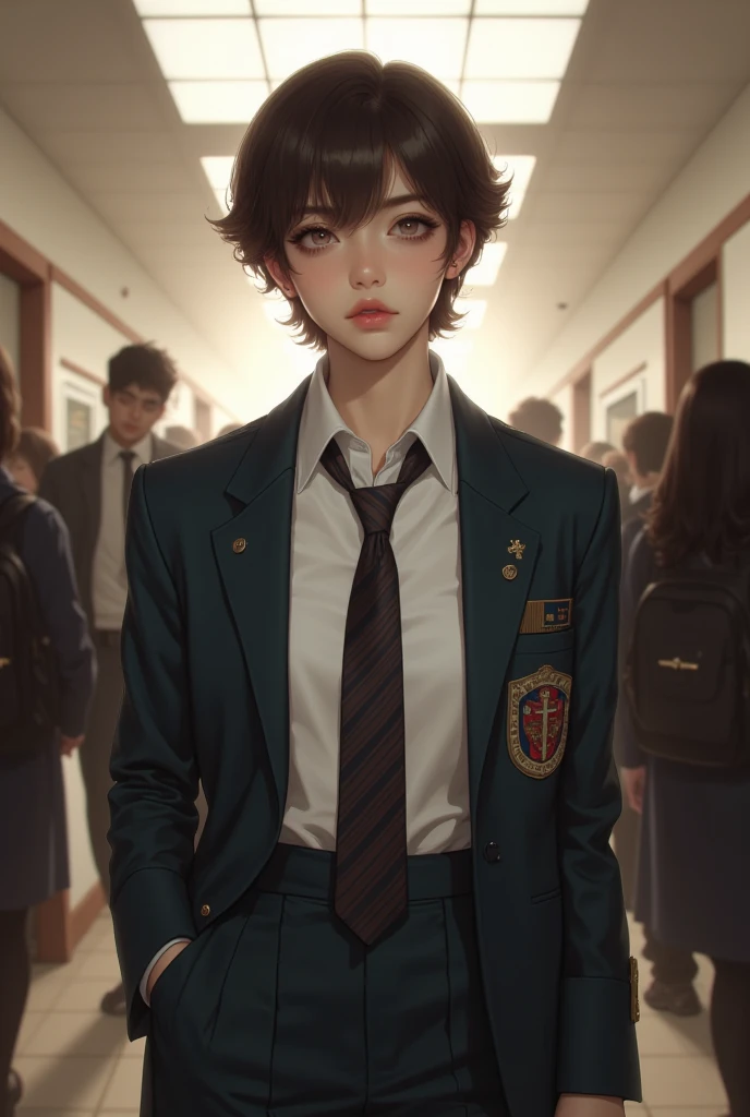 short dark brown hair, and dark-eyed, with an Evolar uniform of skirt and tie and long-sleeved shirt, talking to a woman with aqua green hair and aqua green eyes wearing a and comes out wearing a tie and long-sleeved shirt, in a futuristic school setting