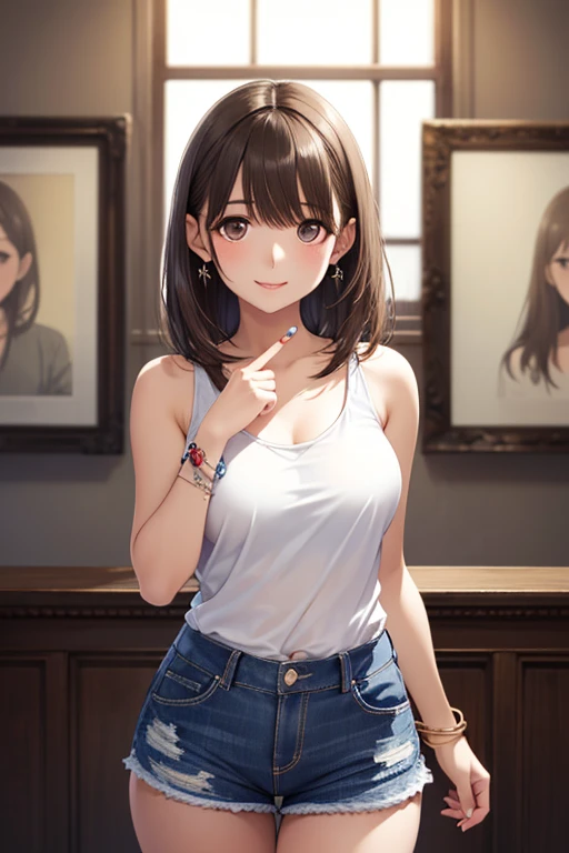 (((masterpiece))),(((High resolution)))、(((8K)))、(((perfect face)))、(((Korean idol))), 20 years old, (off shoulder T-shirt), (hot pants), (top quality eyes), (detailed face), (detailed texture), look at the camera
