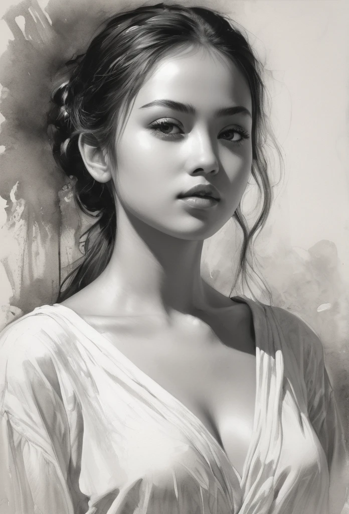 A delicate, graphite sketch portrays, a nude young beautiful Olivia Hussey look in Romeo & Juliet, medium firm breasts, standing bare feet without background, her features rendered in subtle shading and precise lines. The framing is tight, focusing attention on the subject's serene face. Soft, feathery strokes convey the gentle texture of her hair,