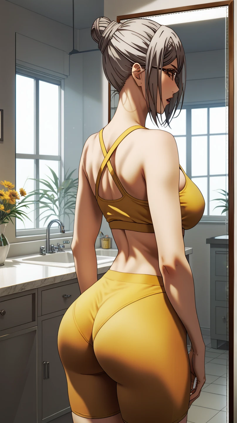 masterpiece, High resolution, Best Quality: 1.2), (style artístico retro, 1990s \(style\): 1.2), intricate details, vibrant image, sharp focus, trending in pixiv HayamiAyuko, alone, mature woman, 40 years, milf, (mujer de Dark skin: 1.2), (Dark skin: 1.1), Posing,, black hair, short hair, (make-up:1.05), Brown eyes, Perfect eyes, Perfect face, Detailed hair, Detailed face, , tight ass, big heart, make-up morado, Red lips, blush, Brown eyes, make-up morado encima de las pestañas, closed eyes, big breasts, big butt, making a split body, crack in the butt, tight shorts, yoga mat, floor, smile, gran crack in the butt, estiramiento de piernas en el floor