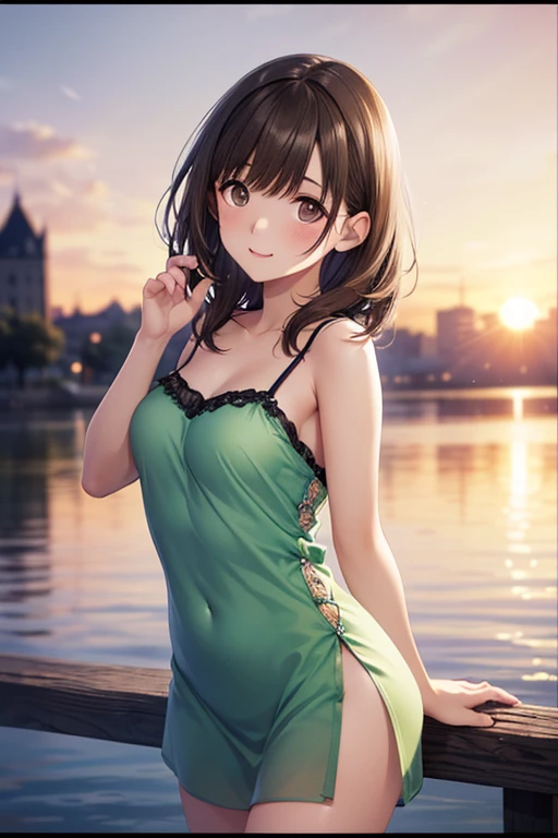 anegasaki nene、Shiny brown hair, short hair, (Beautiful brown eyes、Sparkling eyes, Fine grain)、smile、Ultra-detailed eyes、Highly detailed face, Highly detailed eyes,Cowboy Shot、



(masterpiece), (Very difficult:1.3), Floating on the surface of the water, The most beautiful in the world, (Green camisole dress), Satin Reflection, Outdoor, Outdoor, Outdoor, Strong sunlight, Distant Fortress, Professional photography details of stunning women, Sharp focus, dramatic, Awards, Cinema Lighting, Octane Rendering Unreal Engine, Volumetrics dtx, (Film Grain, Blurred Background, Blurred foreground, Bokeh, Written boundary depth, sunset, Motion Blur:1.3)