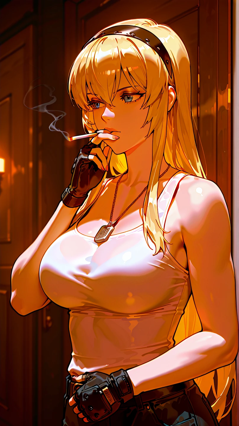 score_9, score_8_up, score_7_up,score_6_up, score_5_up, score_4_up , (huge breasts:1.2), 1girl, solo, HolliW, holliw,smoking,cigar,cigar on hand,smoke,makeup, blonde hair, bangs, side locks, thick eyebrows, hair between eyes, makeup, White Dress, White leotard, see-through, white choker, thigh boots, breasts apart, sitting,crossed legs, bar \(place\), neon lights, light particles, annoyed, half-closed eyes, dim_lighting,