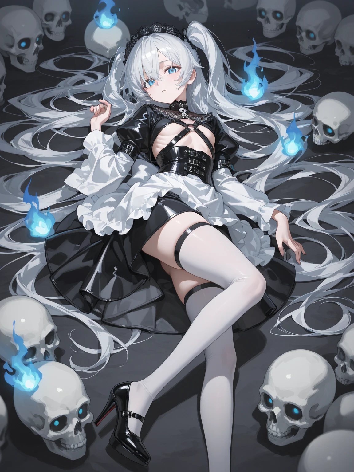 White skin that doesn&#39;t look human、long white hair down to the feet、Pitch black eyes with no light、pitch black eye、jet black eyes、Expressionless、short white dress、Spooky Woman、floating woman、There is a black gradation from the toes to the thighs.、scary woman like a ghost、Inorganic、horror、horror、Pitch Black World、floating、lowered eyebrows、Big eyes