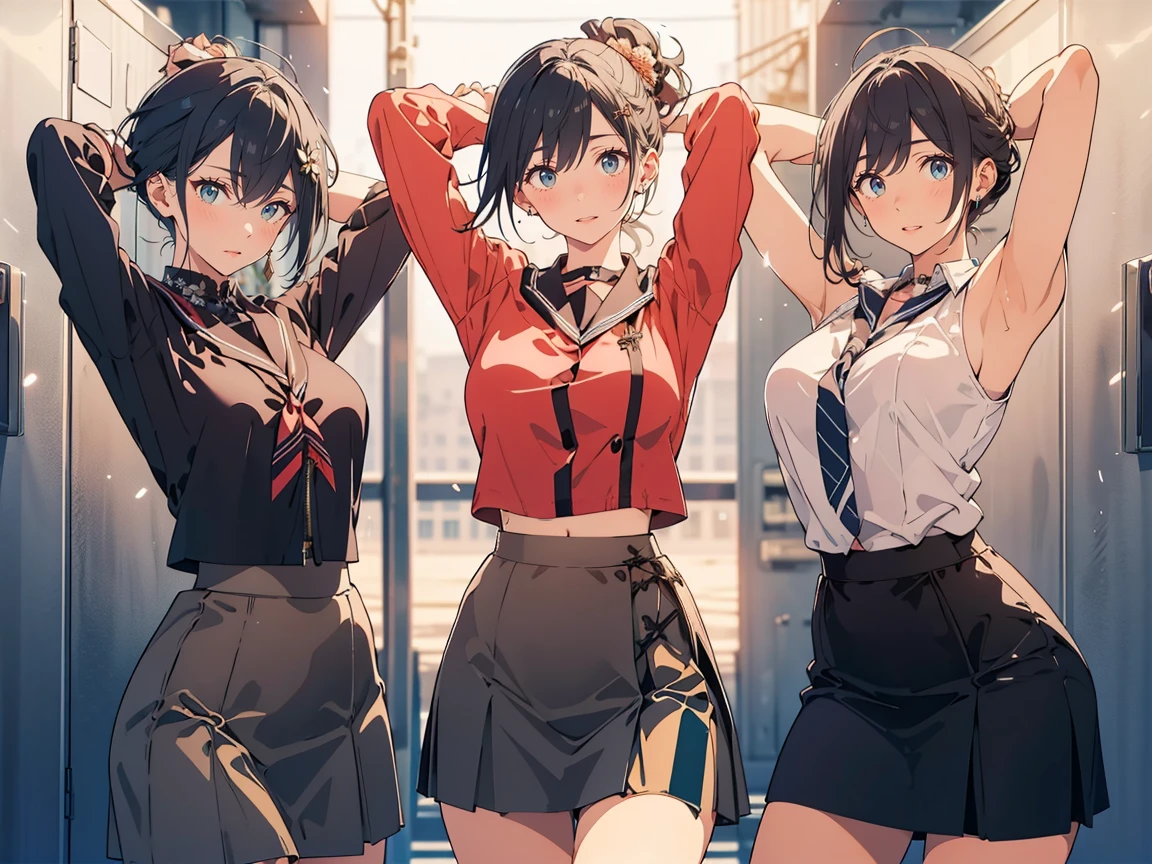 (cute eyes:1.2), (sparkling eyes:1.2), highest quality,wonderful,finely,extremely detailed CG Unity 8K wallpaper, (Stand in line:1.2), (3 girls, cute eyes, japanese miko, clothed), (huge breasts), (midriff peek:1.2), (open mouth:1.1), (long tongue:1.1), (mouth drool:1.1), (black stockings:1.1),(Thighs:1.1),(Waistline:1.1)