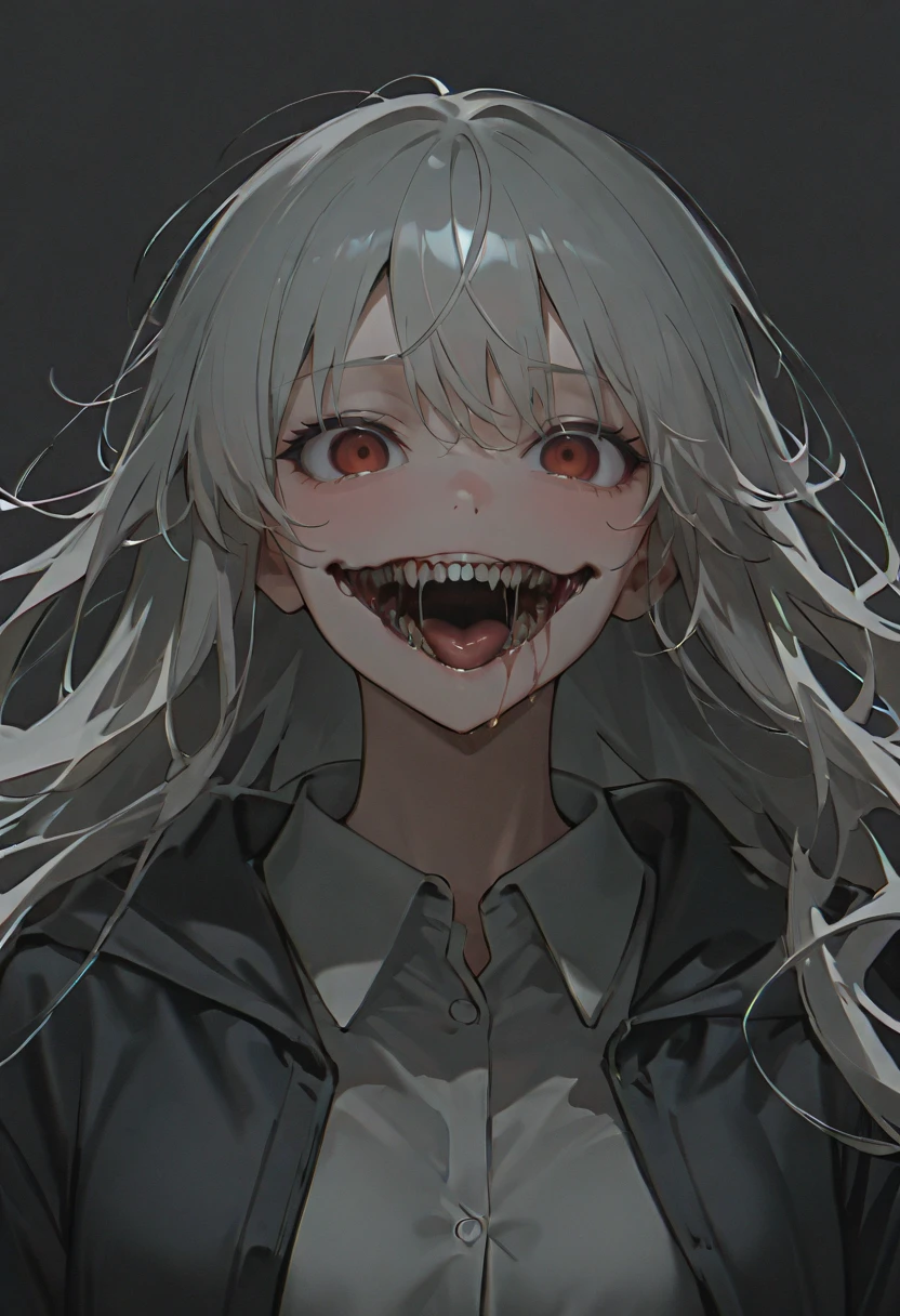 1 guy, blue eyes, white hair, long hair disheveled, hair gathered in a low ponytail, male build, looks at the viewer, crazy eyes, crazy smile, dressed in a black shirt, black trousers, stands, night on the street, stars, blood on clothes, blood on the cheek, shadowed face, fluttering hair, detailed, beautiful, delicate tones
