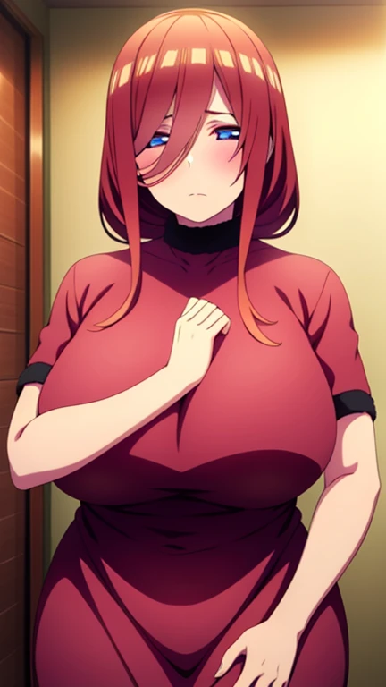 anime_still, masterpiece, best quality, 1girl, Gasai Yuno,(large breasts:1.5), red eyes, dark blue overalls, black lace high boots, black choker, [crazy eyes], (wearing a dark grey face mask:1.2), psycho, insane,(crazy:1.1)