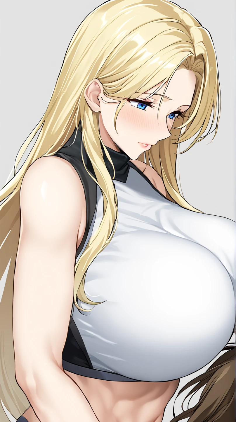 1girl in, Solo, Blonde hair, Shirt, Long hair, richelieu \(kancolle\), White shirt, Bra visible through clothes, Mole under the eyes, Upper body, Underwear, Large breasts, mole under mouth, Ponytail, Blue eyes, blush,Huge breasts,Shiny skin,(maturefemale), kome cola,