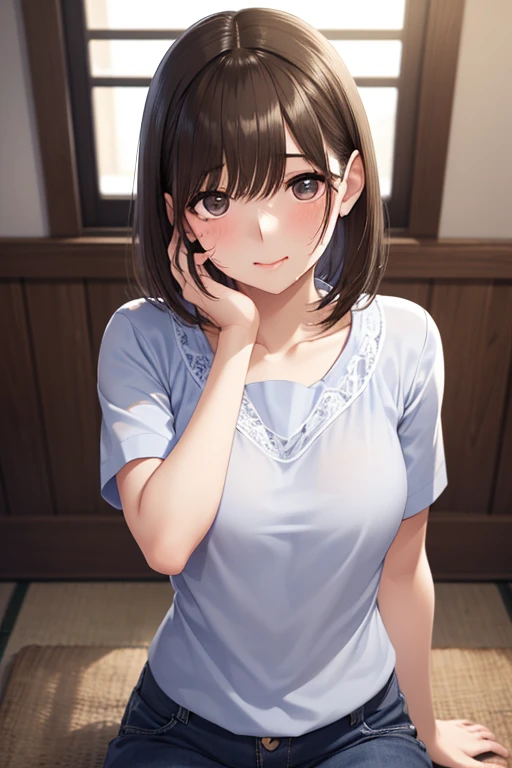 (highest resolution, distinct_image) The best quality, a woman, masterpiece, highly detailed, semi realistic, 21 years old, cute, young, beautiful, naked oversized t-shirt, shirt tug, collar on neck, indoors, modern bedroom, window, waking up, morning, blushing