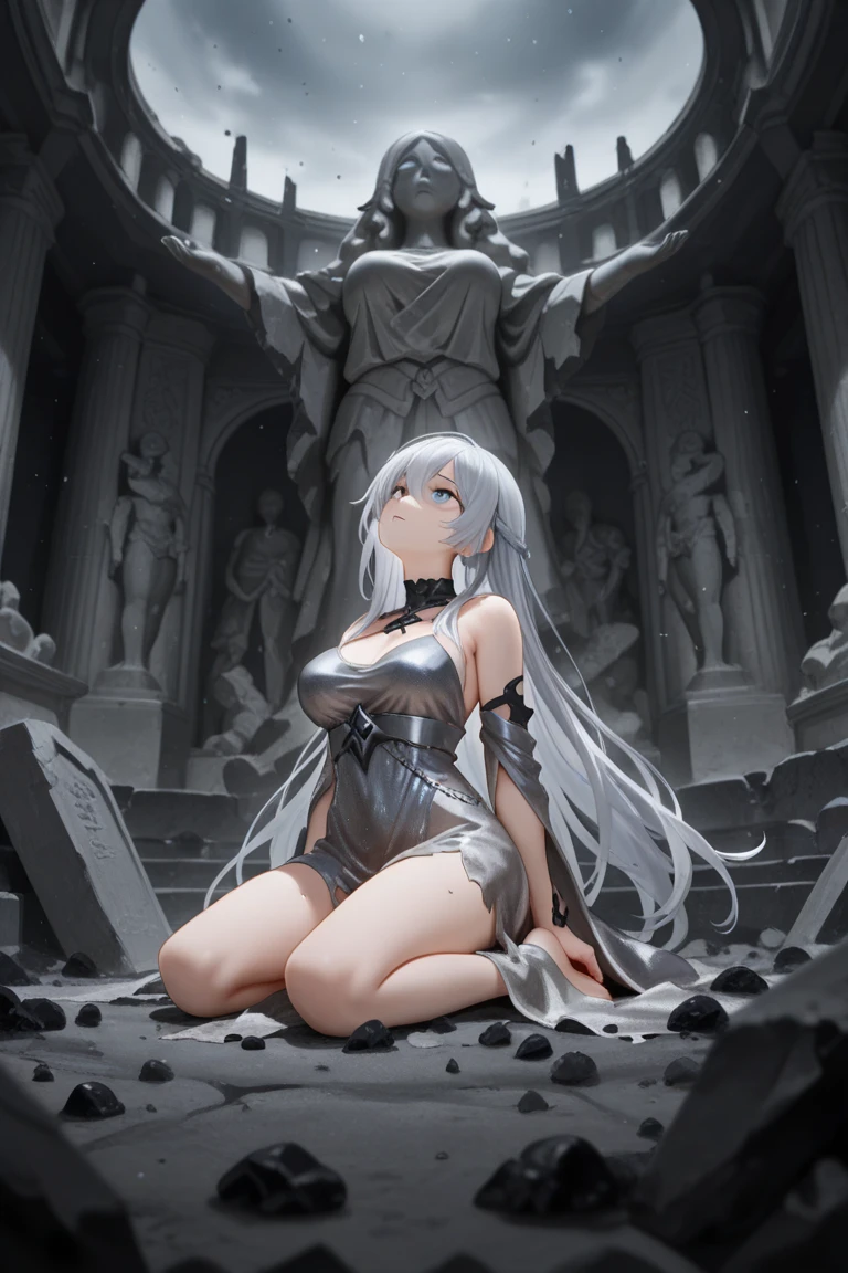 (((The woman is completely petrified, her skin is stone, and she is fixed to the wall with her legs spread wide open, exposing her pussy.)))、((Highest quality)), ((masterpiece)), (detailed), （Perfect Face）、The stone nude woman is a nude woman with her legs in an M-shape that has been treated as an art piece. Most of her feet and up to her wrists are embedded in a stone pedestal and treated as a stone nude for display.、The woman is a nude stone statue, petrified with dark grey skin, grey nipples and eyes, and lifeless. She is fixed to the wall in an M-shaped position in a museum and exhibited as a work of art.、The woman who was turned into a nude statue with her legs spread in an M-shape is Tiare, with medium-long hair, turned into a stone statue with dark gray skin, and was displayed as a nude statue on a special exhibition stand in a luxurious art museum.々is being exhibited、A beautiful petrified and processed work of art, the nude statue of a woman with her legs spread in an M-shape, Tiare