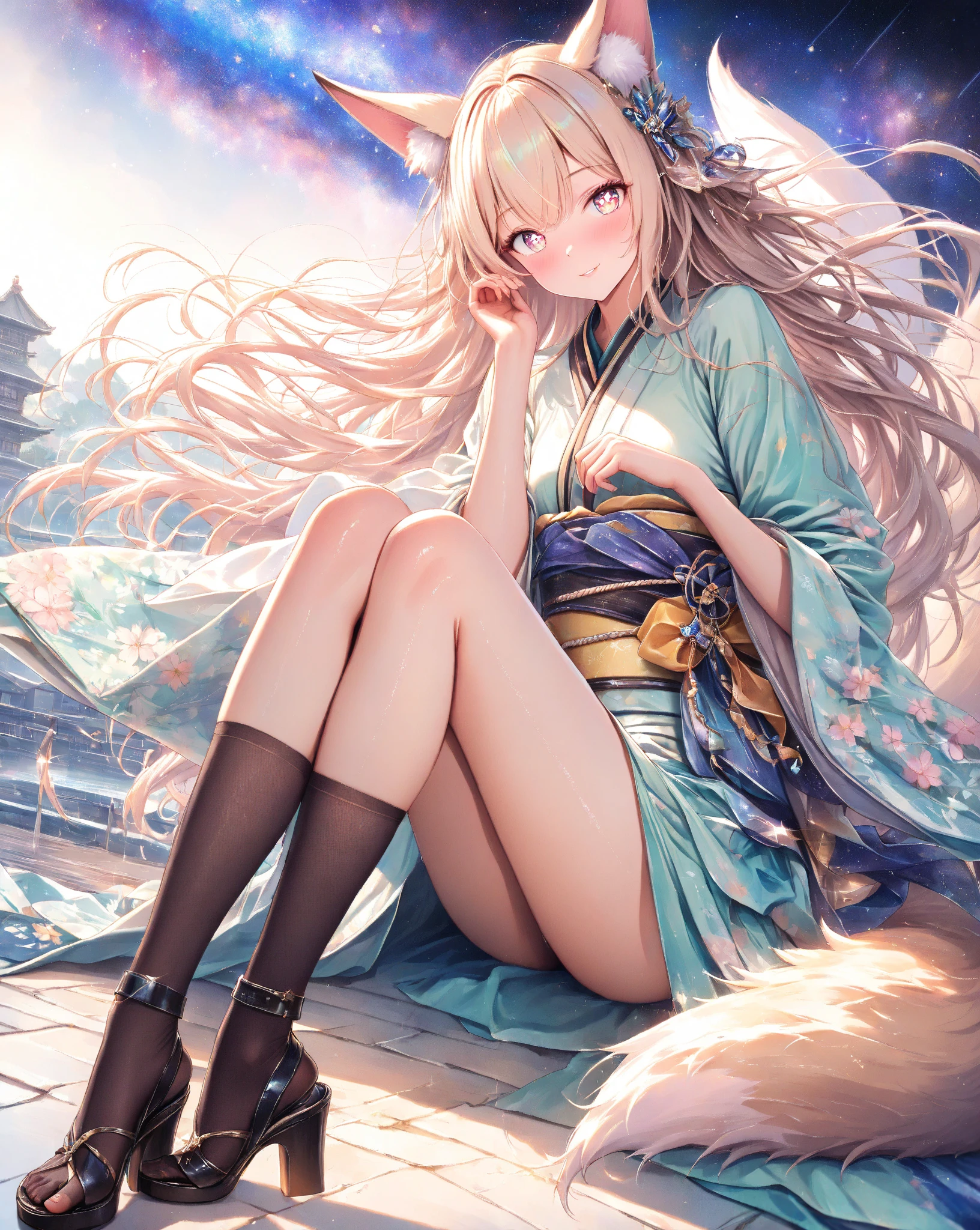 Official Art, masterpiece, Clear focus, (beautiful, Beautiful and cute Korean woman:1.3), (Beautiful and cute Korean:1.3), Korean beauty, 精致beautiful头发、Eyes and face, actual, Super detailed, beautiful女孩, Blue sky, Glowing white particles, (Side Light:1.2), Sunlight, White Cloud, Detailed clouds, Slim, Such a cute big ass, Smile with teeth bared, ((Smile with your eyes, Open your eyes)), landscape, Long straight hair, sexy facial expression, architecture, (city View:1.7), Dynamic Hair, very Long straight hair, Delicate platinum-blonde hair, Green Eyes, Pink skirt, Black socks, Pale skin, Hair accessories, epic landscape,,White high heels,Nice ass,beautiful buttocks,There's nothing under the skirt.,weight loss