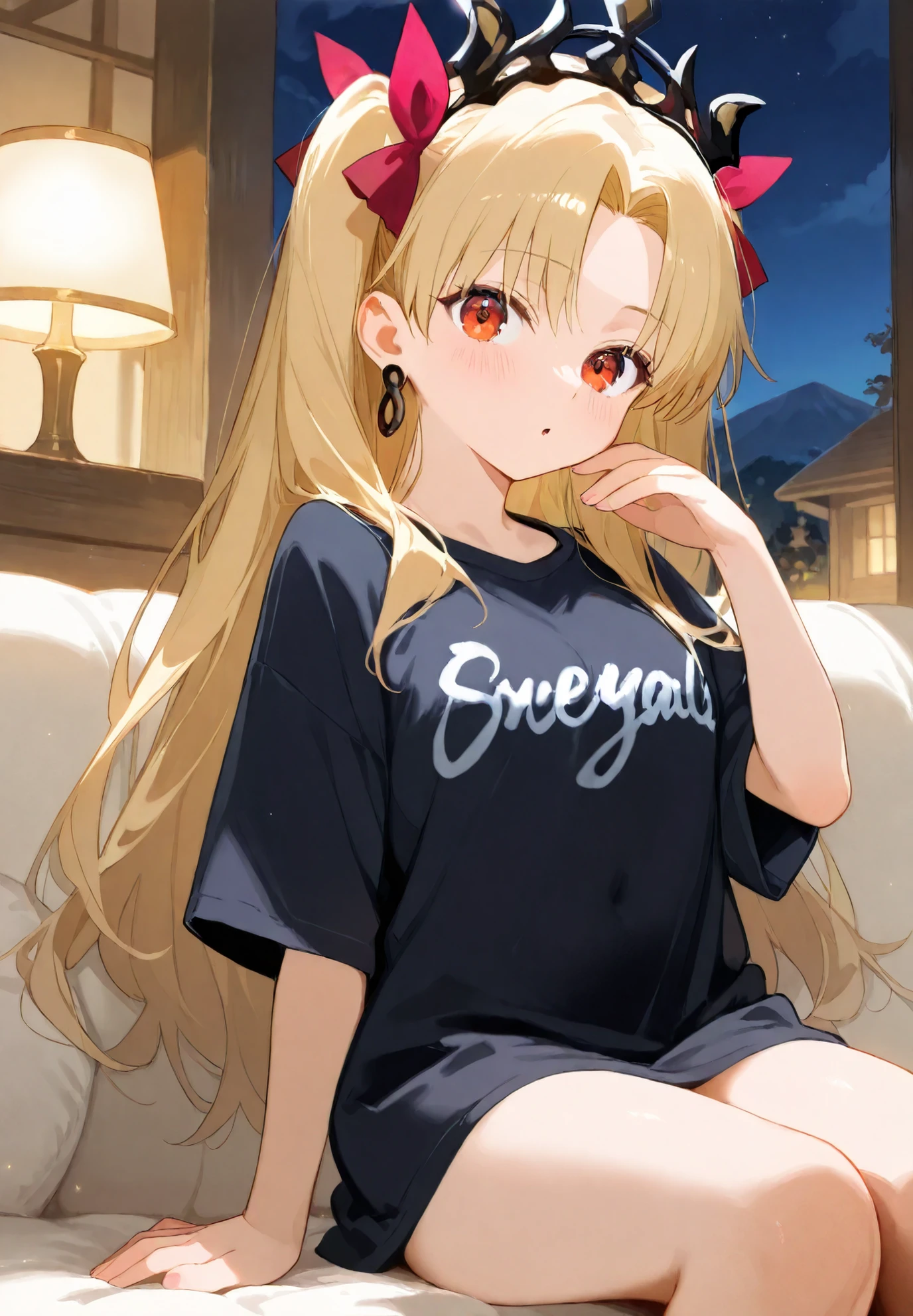1girl, solo, Ereshkigal, Fate series, oversized t shirt, sitting on a sofa, sexy pose,alluring atmosphere,mountain cabin,night time,cinematic lighting,masterpiece,top quality,warm color,high resolution,high fashion,absurdres extremely,vivid colors,intricate details,best quality,amazing quality,very aesthetic,newest,ultra-detailed,nsfw,