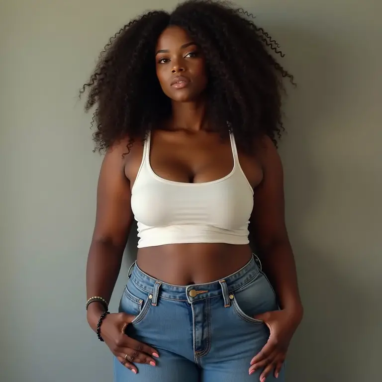 afro-américain de 22 ans, surréaliste super sexy, actrice de porno, gros culs, poitrine d'ange, pantalon jeans, cache coeur blanc, cheveux Afro, influenceuse réseaux, 8K