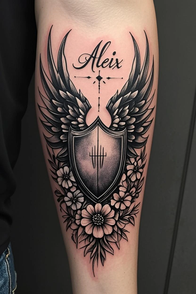 Hi, I want you to generate an image of a tattoo I want to get. I want the tattoo on my forearm, so it has to be a little small or fit in the space on my forearm. I want it to contain an eagle, olive branches, a sword, a hummingbird, a hibiscus flower and lilies (it's important that it has all the elements) and I would like the style of the tattoo to be in black and grey.