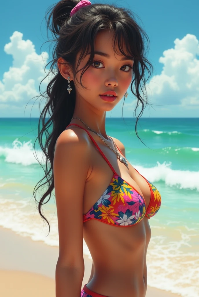pink bikini, wet skin, tan skin