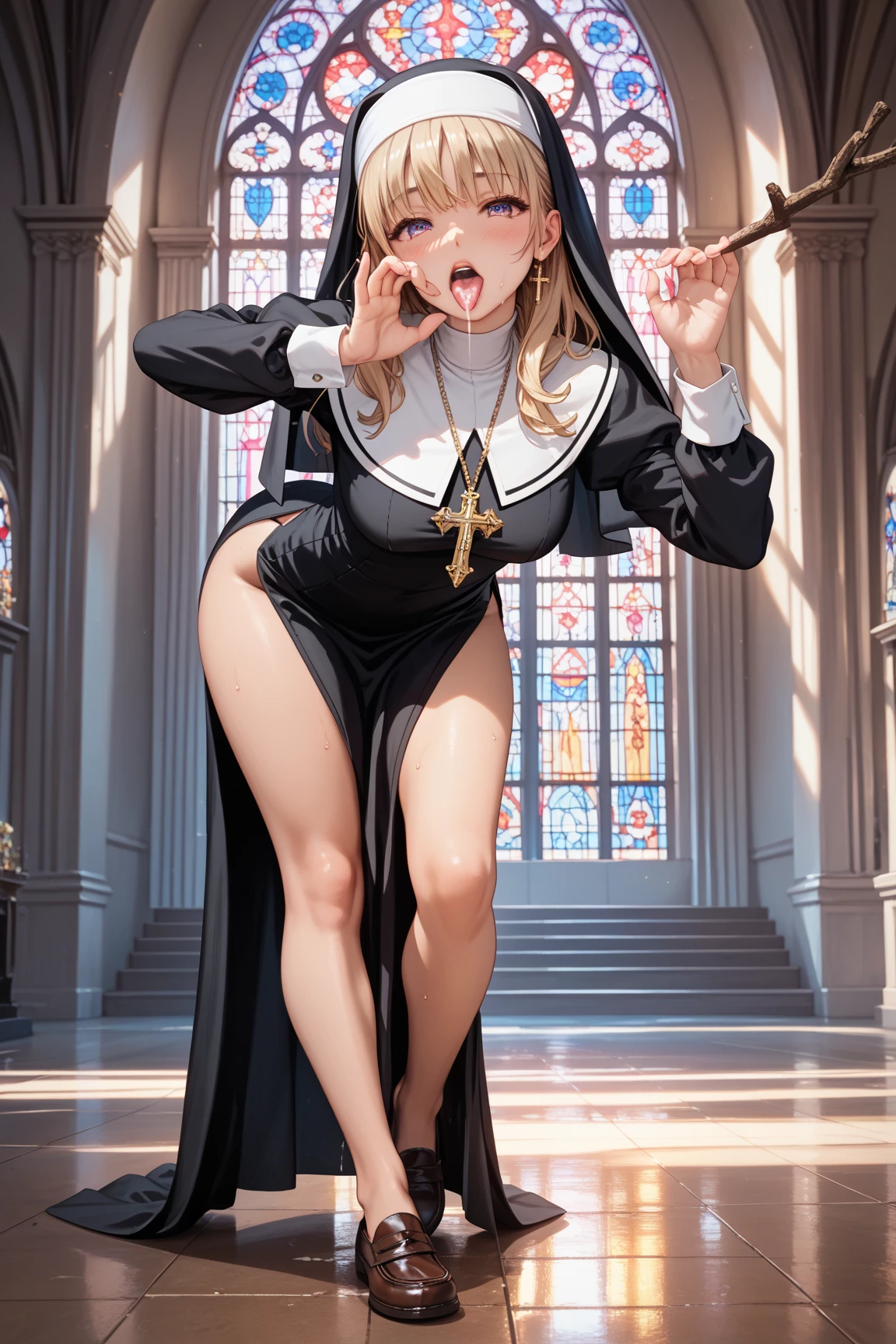 (nsfw),1 girl,curvy,(nun),arms behind head,squatting,open legs,short hair,bob cat,blonde hair,light blue eyes,(embarrassed),crowd