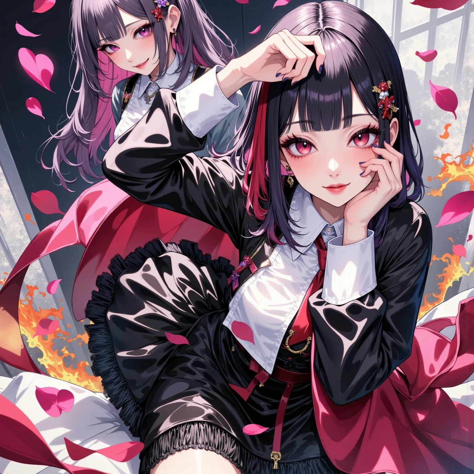 Tokyo Revengers style anime girl, by white, deep purple eyes, black and red striped shirt, shorts negros