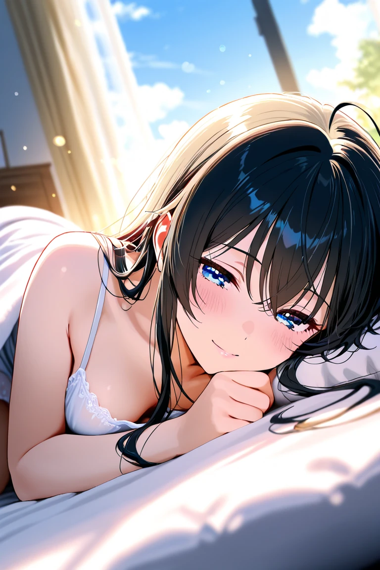 Masterpiece、highest quality、1 female、Super detailed Black Hair、bangs Blue Eyes、Detailed depiction of the eyes Smiling、blush camisole Face is close、Facial Close-up、Bring your face closer Sheetsに肘をつく、Bend your elbows to the side、Spread your shoulders、Put one palm towards you、Raise one arm Sheets