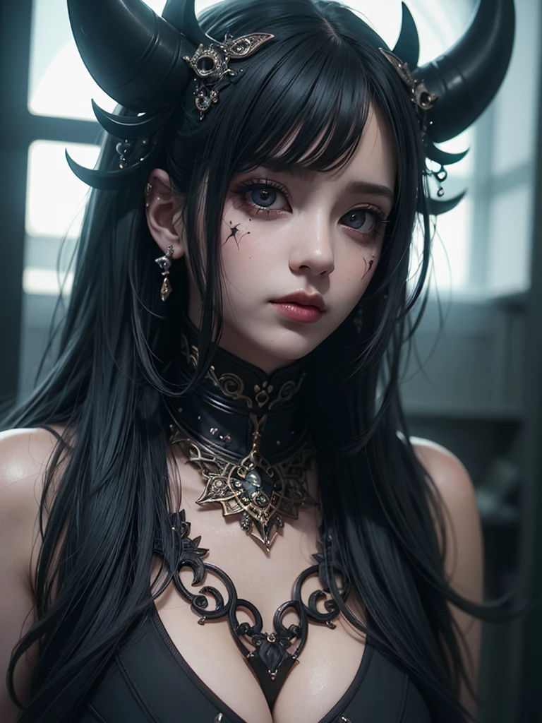(highest quality,4K,8k,High resolution,masterpiece:1.2),Very detailed,(Realistic,photoRealistic,photo-Realistic:1.37), Close-up of a woman with dark hair and a black dress, in style of Dark Fantasy Art, Dark Fantasy Art, A beautiful and elegant demon queen, Dark Fantasy Art, fantasy dark art, Dark fantasy digital art, Gothicファンタジーアート, Gothicの闇の乙女, Cthulhu,Detailed Texture,Spooky creatures,an ominous雰囲気,Mythical,cosmic Horror,darkness,Mysterious,Dark aesthetic,Fog Background,Eyes of another world,Ancient Gods々,Monstrous,Powerful,Tentacles,Pitch black blackness,Majestic,Unfathomable depth,nightmare,The existence of the universe,an ominous存在,seeping darknesss,Secrets of the Universe,that'terrible,It was chaotic.,Eldritch,Horror,that'terrible,Mysterious,terrible,empty,Powerful wings,Lovecraft,abstract Horror、Punisher, nightmare Before Christmas style, ((Perfect hands), (超Realistic:1.6), (Detailed face), (sharp)), color: Dark and gloomy, (Ghostly), (intense expression), (Detailed skull emblem), (Spooky atmosphere), (Cartoon-like atmosphere),(granular), (Dramatic Shadows), (Dynamic pose), (an ominous雰囲気), (Artistically expressed), (an ominous), (attractive), (Gothic), (Mysterious設定), (Moody color palette), (Skillfully drawn), (sense of unease), (Intricate details), (an ominous smile), (an ominous), (attractive eyes), (Horror要素), (attractive composition), (Impressive anatomy),(Striking contrast), (an ominous mood), (Exquisite craftsmanship), (Interesting character designs)、Dark Fantasy Portrait, Portrait of the Dark Goddess, Dark Fantasy Nymph Portrait、From the depths of space, A dangerous devil woman appears, Her face was frighteningly elegant. The intensity of her expression、It matches her pale skin and dark shadows..。, sharp, length, Thin fangs. (Super long, Very detailed) Her body is covered with snake-like eyes..., Her flowing black hair flows long..., ripple. 彼女の目はan ominous赤に輝く, 彼女の爪は容赦なくsharp. There is a dark aura around her, an ominous雰囲気を醸し出す. This demonic being、Standing against the backdrop of space filled with stars and galaxies, Mysteriousエネルギーと微妙な光に満ちた天empty風景.. 彼女はGhostly雰囲気を醸し出している, attractive, Otherworldly beauty., Her tongue and scales have snake-like qualities... Her shining black wings are adorned with intricate patterns and metallic black feathers... Jagged Mountain々Frame her silhouette, twisted trees々wealthy, attractive, The shining forest envelops her.. Phosphorescent Plants and Animals, blood red moon, Broken dimensions and portals, Crackling electricity and sparks of energy、Unforgettable、and、Exudes deceptive beauty。. Women have supernatural powers to control people, Her charm is mysterious and captivating.., Powerful、wild. She is revered and respected, Gothicとシュルレアリスムの芸術スタイルの融合. 鮮やかなcolorのコントラスト, A black and red color palette colors the scene... Dramatic lighting and dark shadows are reflected in the chiaroscuro painting.