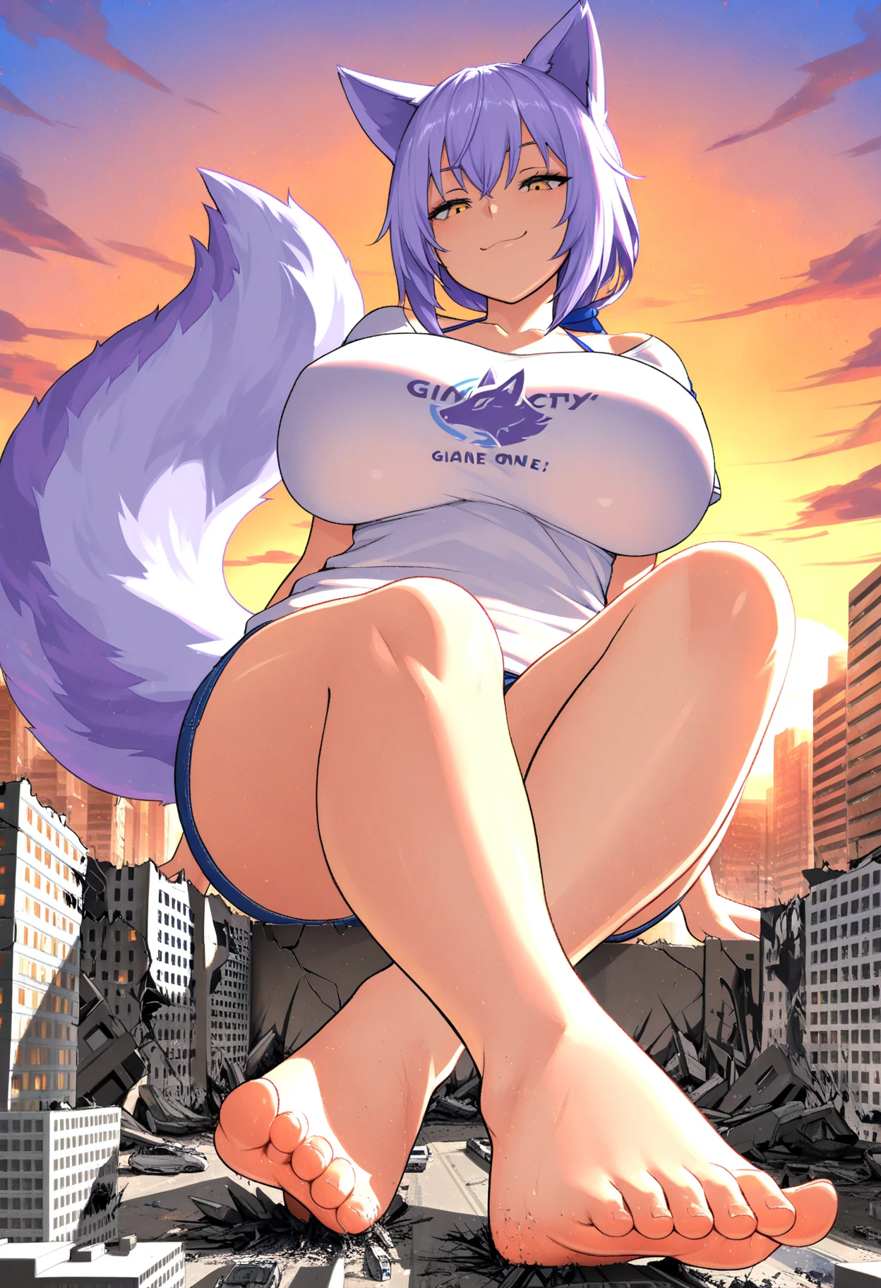 one woman, wolf girl, wolf ears, wolf tail, violet hair, strong, firm body, thick thighs, big breasts, muscular arms, casual clothes, sfw, sexy, full body, masterpiece, highly detailed, tall woman,