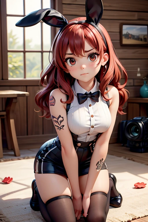 (masterpiece, best quality, hires, high resolution:1.2, 4k, 8k , high quality), extremely detailed, realistic, intricate details, highres, 1girl, solo, red long hair, blue eyes, blush, freckles, (large breasts, thick thighs, wide hips), arched back,(cinematic lighting, sunlight, perfect lighting, backlighting), eye-level shot, extreme close-up-shot, naughty look, looking at viewer,
bedroom background, twintail
edgpskirt,wearing edgpskirt and Sheer top,,punk skirt,multiple chains, leather harness,belts,leather, bikini top
<lora:edgPunkSkirt:0.45>
 <lora:shirtliftv3:1>