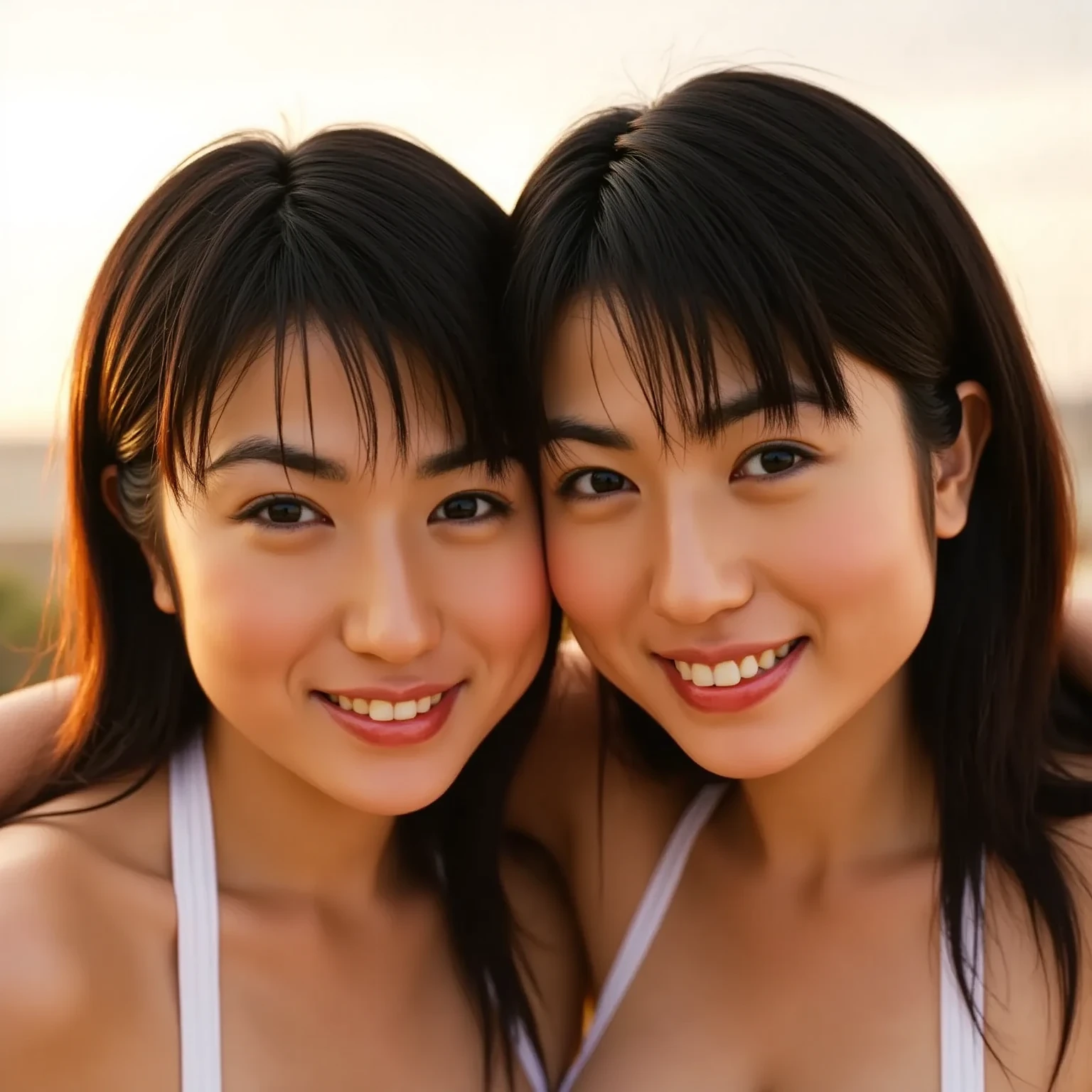 dressed, (photo realistic:1.4), (hyper realistic:1.4), (realistic:1.3),
(smoother lighting:1.05), (Improve the quality of cinematic lighting:0.9), 32K,
Identical twin sisters kissing,20 year old girl, realistic lighting, Backlight, light shines on your face, ray tracing, (bright light:1.2), (Improvement of quality:1.4),
(Highest quality realistic textured skin:1.4), detailed eyes, detailed face,
(Tired, sleepy and happy), (smile:0), close up of face, T-shirt,
(Enhance the mood of your body line:1.1), (Enhances the beauty of skin texture:1.1)