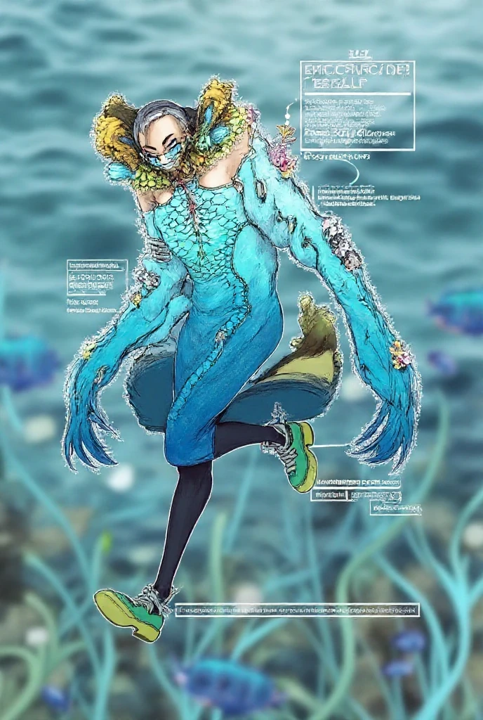 1girl ,neon orange hair,mermaid, full of gills, (mermaid tail), mermaid scales, mermaid ears, mermaid accessories , (masterpiece, best quality), full body, alone, huge breasts, happy