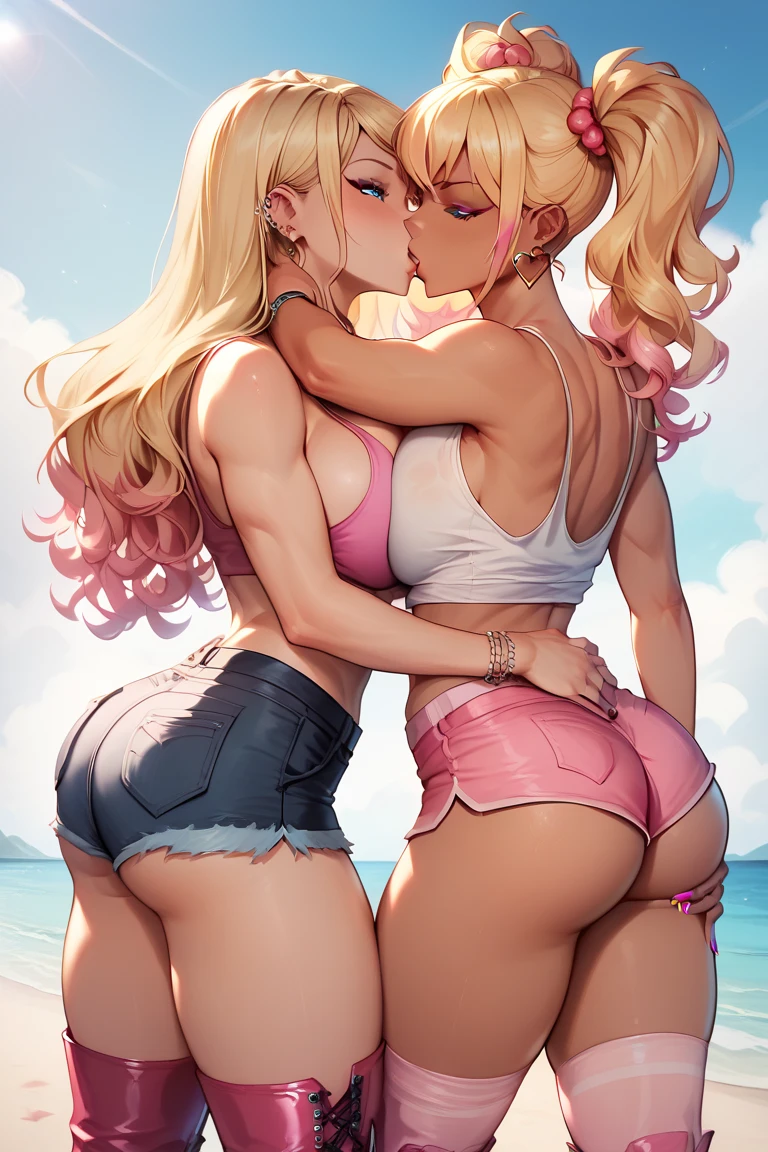 Very detailed、highest quality、Best image quality、masterpiece、8k、(Two women stood side by side:1.5)、Anime Face、A kind smile、Open your mouth、Sparkling blue eyes、(Long blonde wavy hair:1.5)、(SFW Giant:1.5)、(((Rear view:1.5)))、Cowboy Shot、Muscles of the whole body、(White highleg:1.5)、(topless:1.5)、(sxspnts)、(Thongs that dig into your butt:1.5)